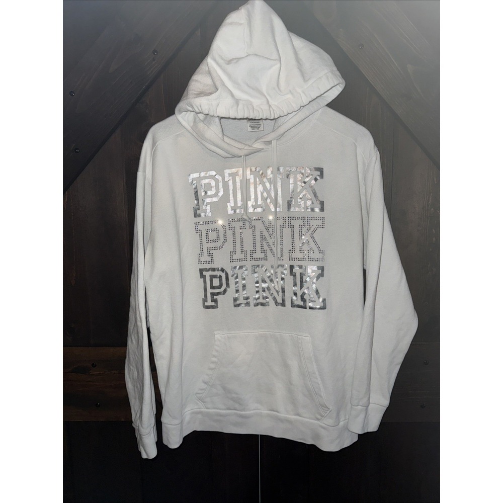 Victoria's Secret Y2K‎ PINK White Logo Silver Foil Bling Pullover Hoodie Large